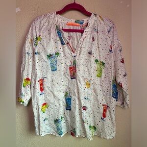 Vilagallo 100% Linen Tropical Cocktail Print 3/4 Sleeve Blouse EU 42 10 L